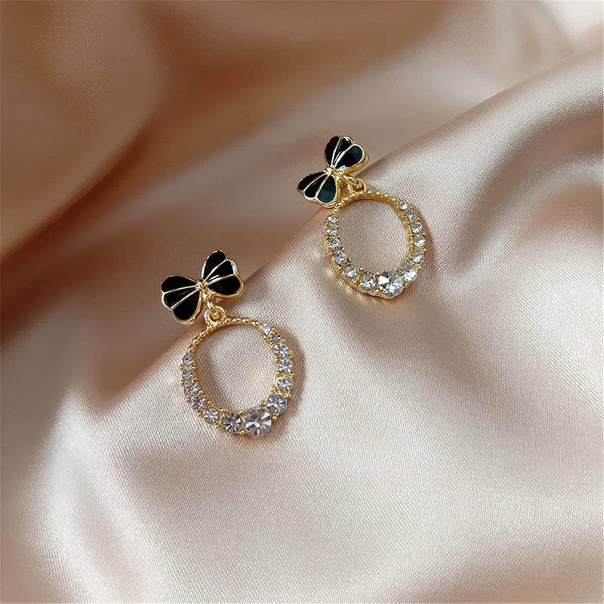 Cubic Zirconia & Black Enamel 18K Gold-Plated Bow-Accent Open Oval Drop Earrings