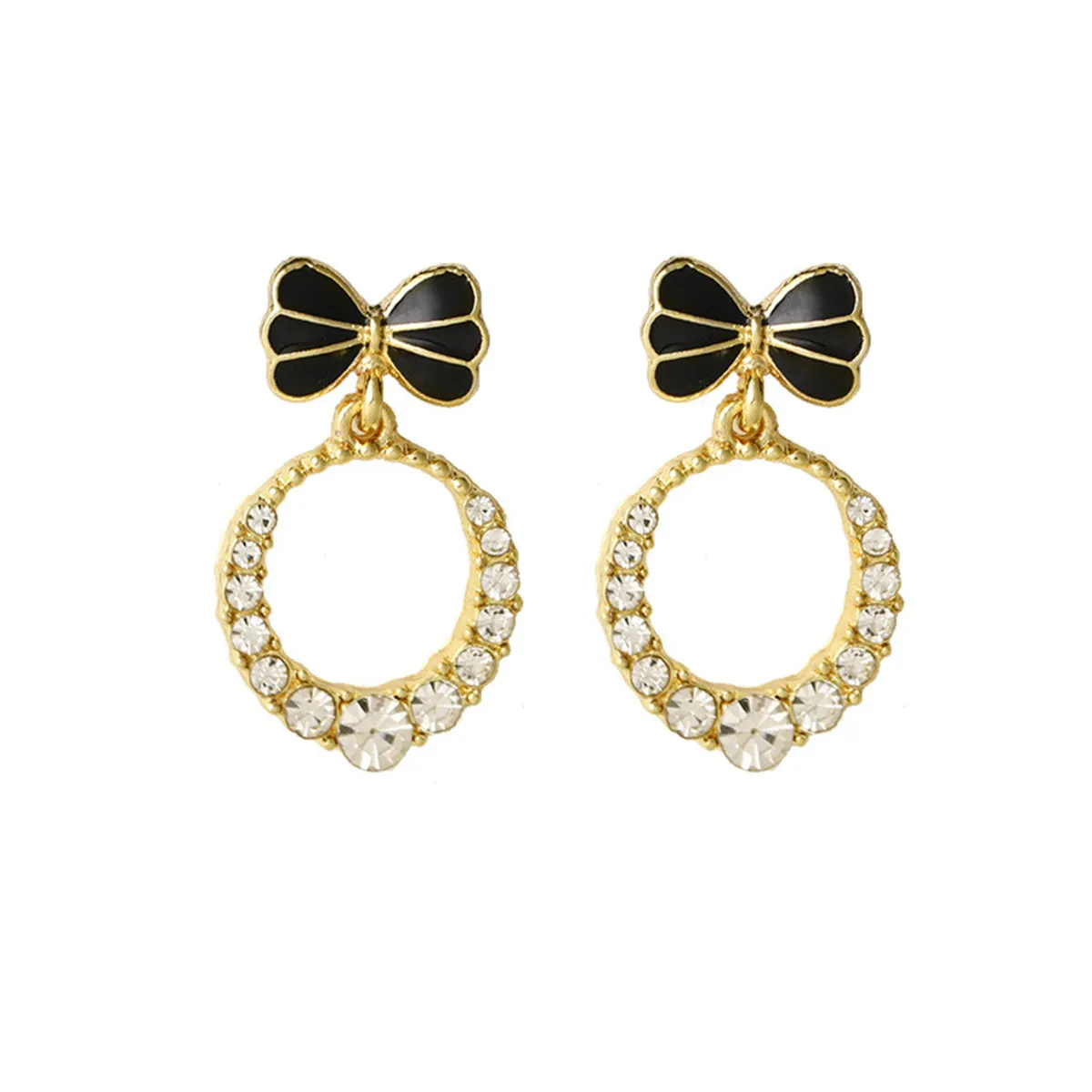 Cubic Zirconia & Black Enamel 18K Gold-Plated Bow-Accent Open Oval Drop Earrings