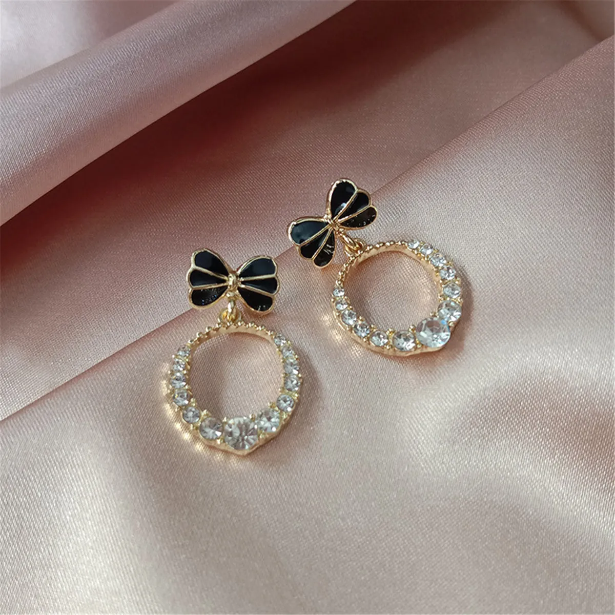 Cubic Zirconia & Black Enamel 18K Gold-Plated Bow-Accent Open Oval Drop Earrings