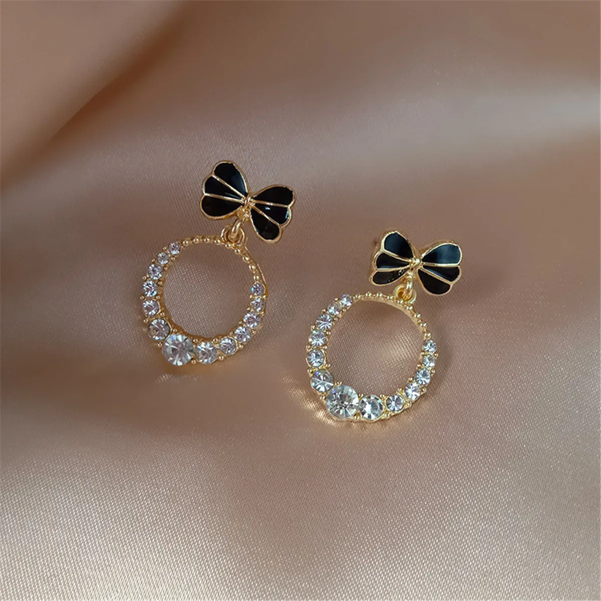 Cubic Zirconia & Black Enamel 18K Gold-Plated Bow-Accent Open Oval Drop Earrings