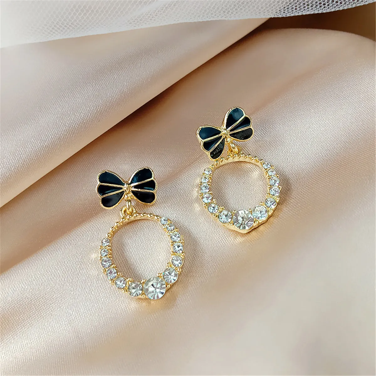 Cubic Zirconia & Black Enamel 18K Gold-Plated Bow-Accent Open Oval Drop Earrings