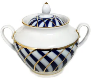 (D) Royalty Porcelain Russian Lomonosov Cobalt Net Blue 'Todes' Sugar Bowl