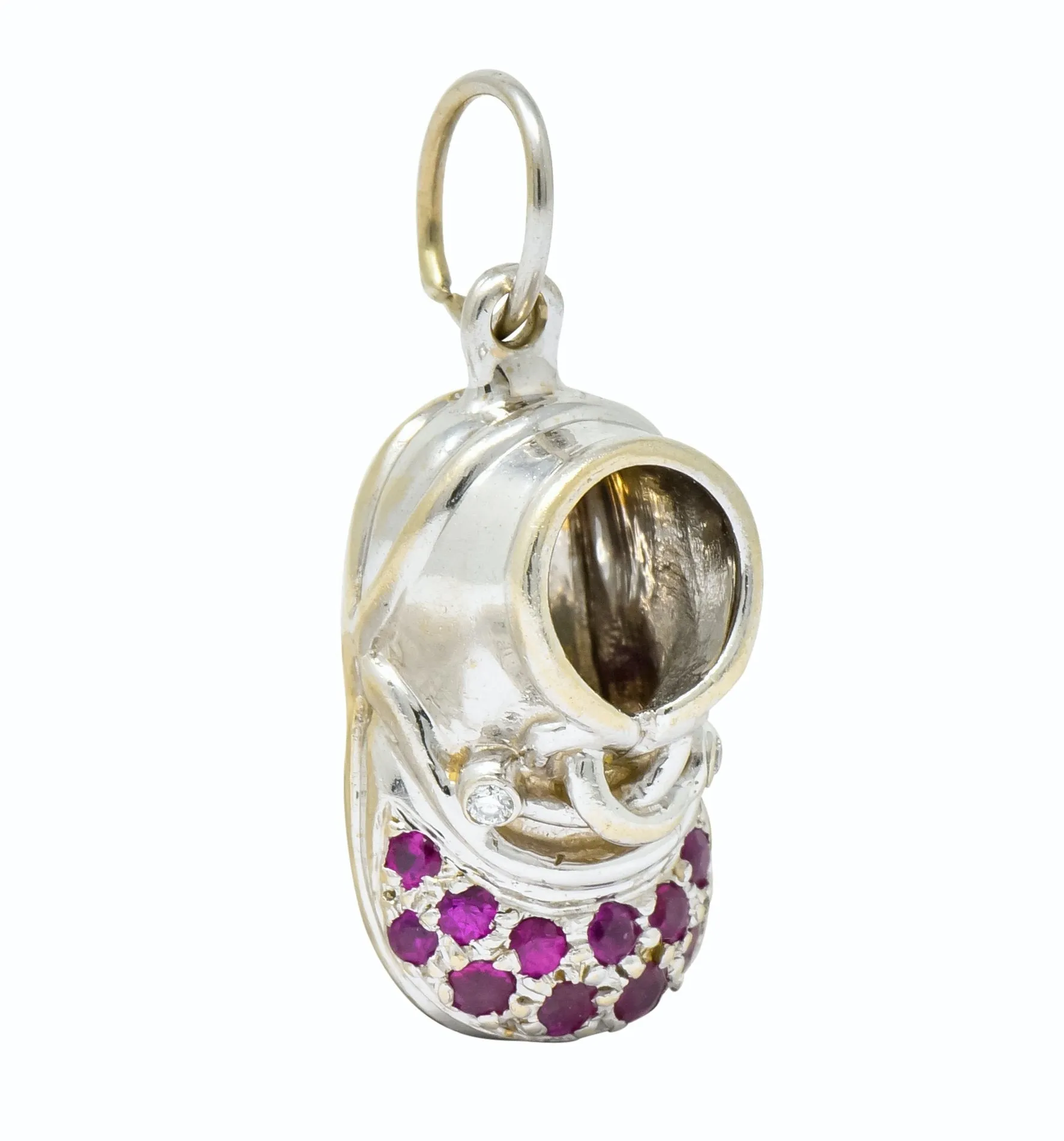 Diamond 0.25 CTW Pink Sapphire 18 Karat Gold Baby Shoe Charm
