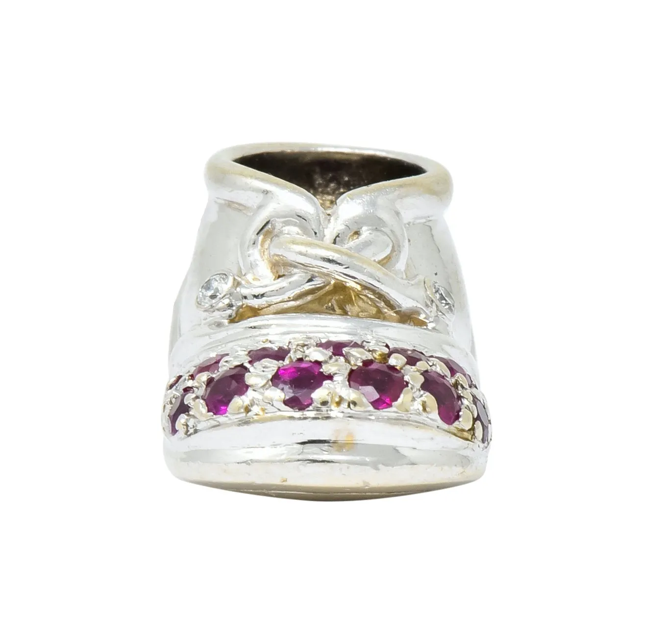 Diamond 0.25 CTW Pink Sapphire 18 Karat Gold Baby Shoe Charm
