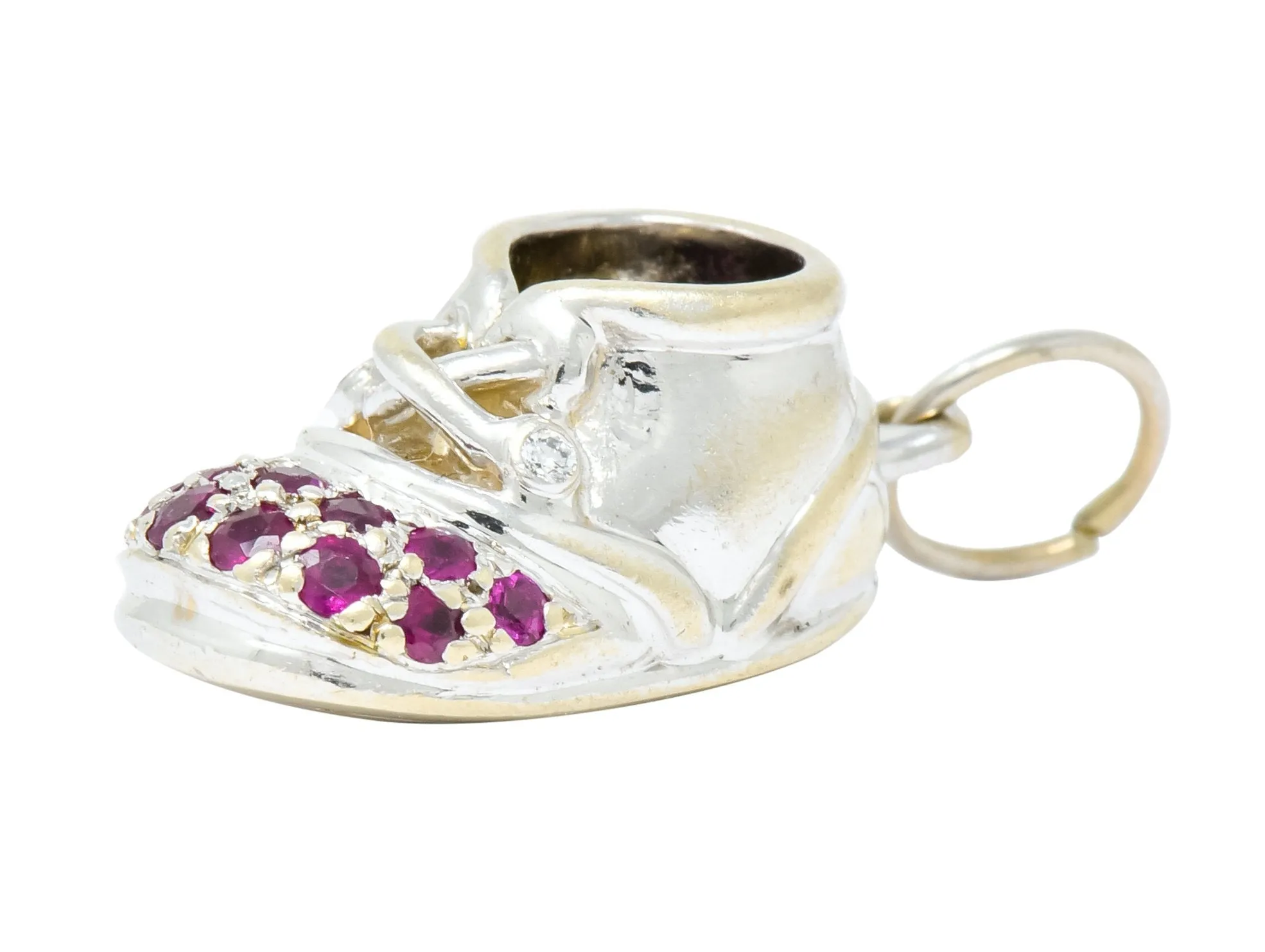 Diamond 0.25 CTW Pink Sapphire 18 Karat Gold Baby Shoe Charm