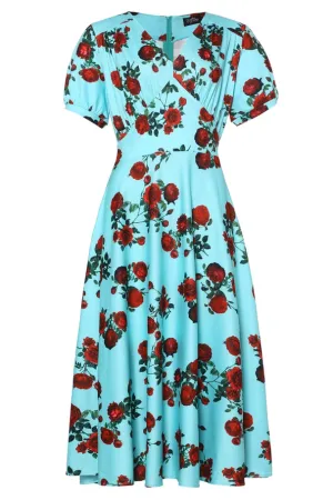 Dolly & Dotty Julia Red Rose Print Dress Turquoise