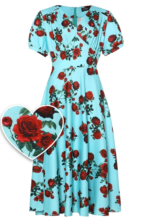 Dolly & Dotty Julia Red Rose Print Dress Turquoise