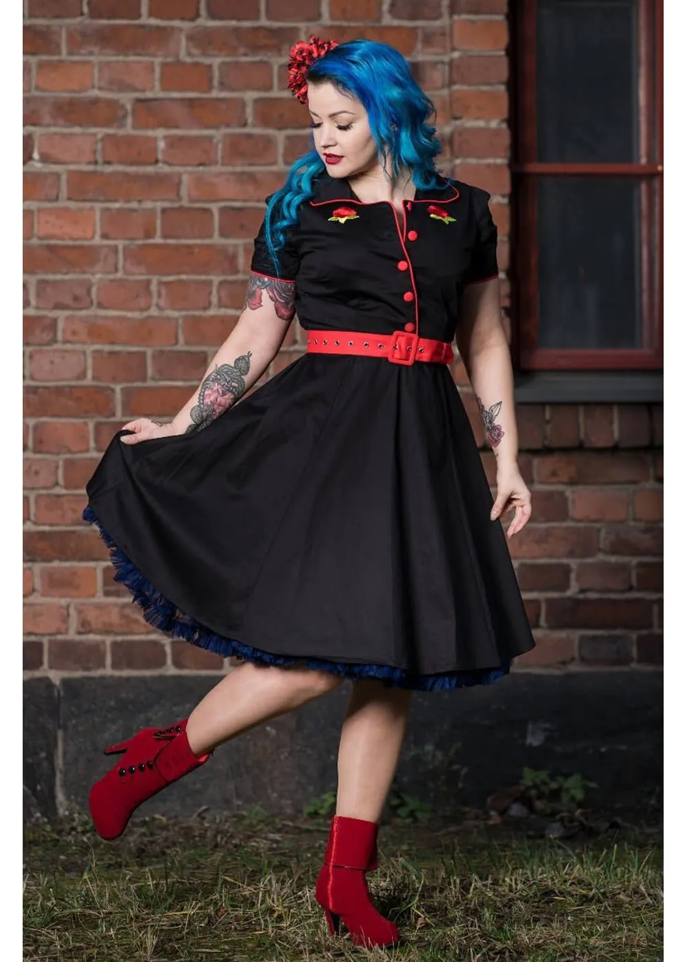 Dolly & Dotty Sherry Rockabilly Rose 50's Swing Dress Black