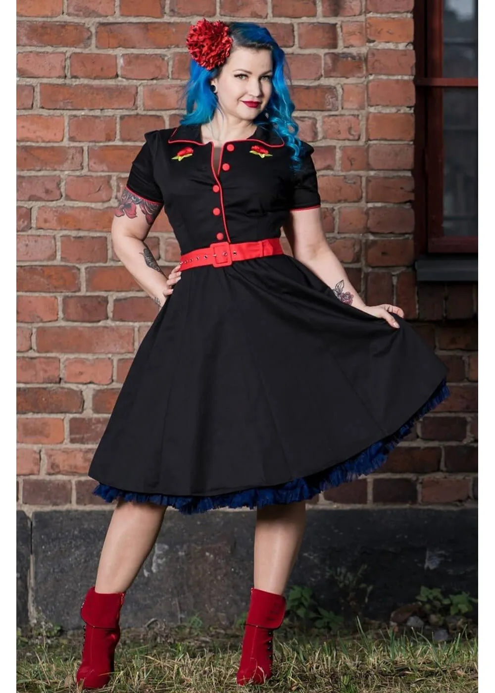Dolly & Dotty Sherry Rockabilly Rose 50's Swing Dress Black