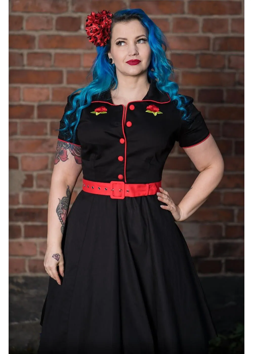 Dolly & Dotty Sherry Rockabilly Rose 50's Swing Dress Black