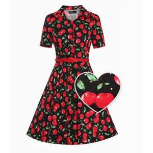 Dotty & Dolly Penelope Rockabilly Black Cherry Print Shirt Dress