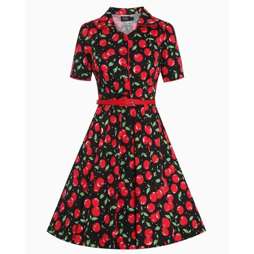 Dotty & Dolly Penelope Rockabilly Black Cherry Print Shirt Dress