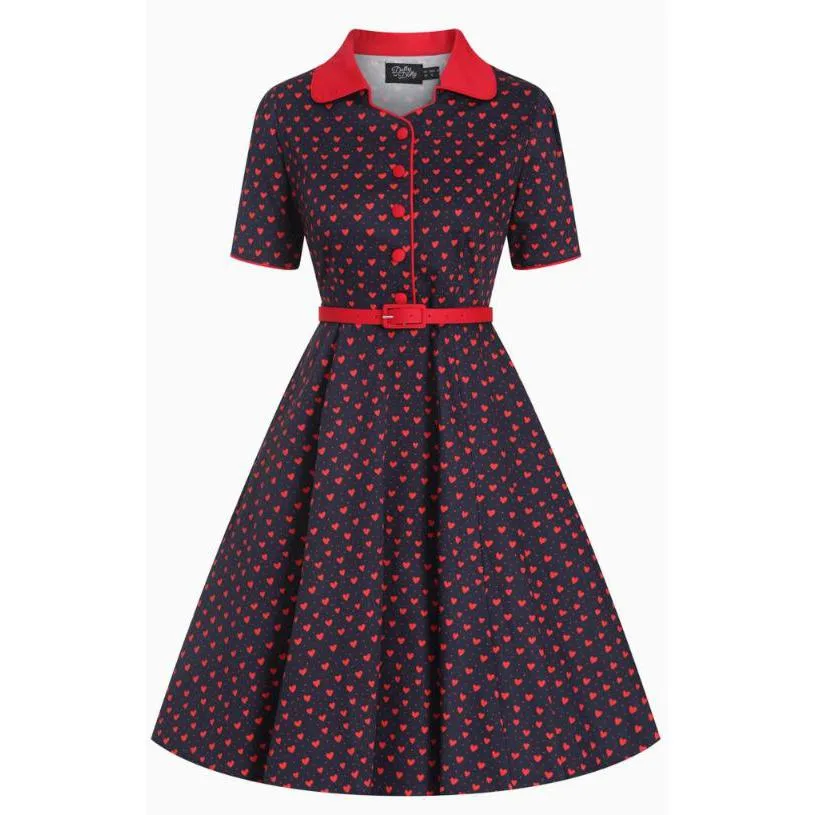 Dotty & Dolly Penelope Rockabilly Black Heart Print Shirt Dress
