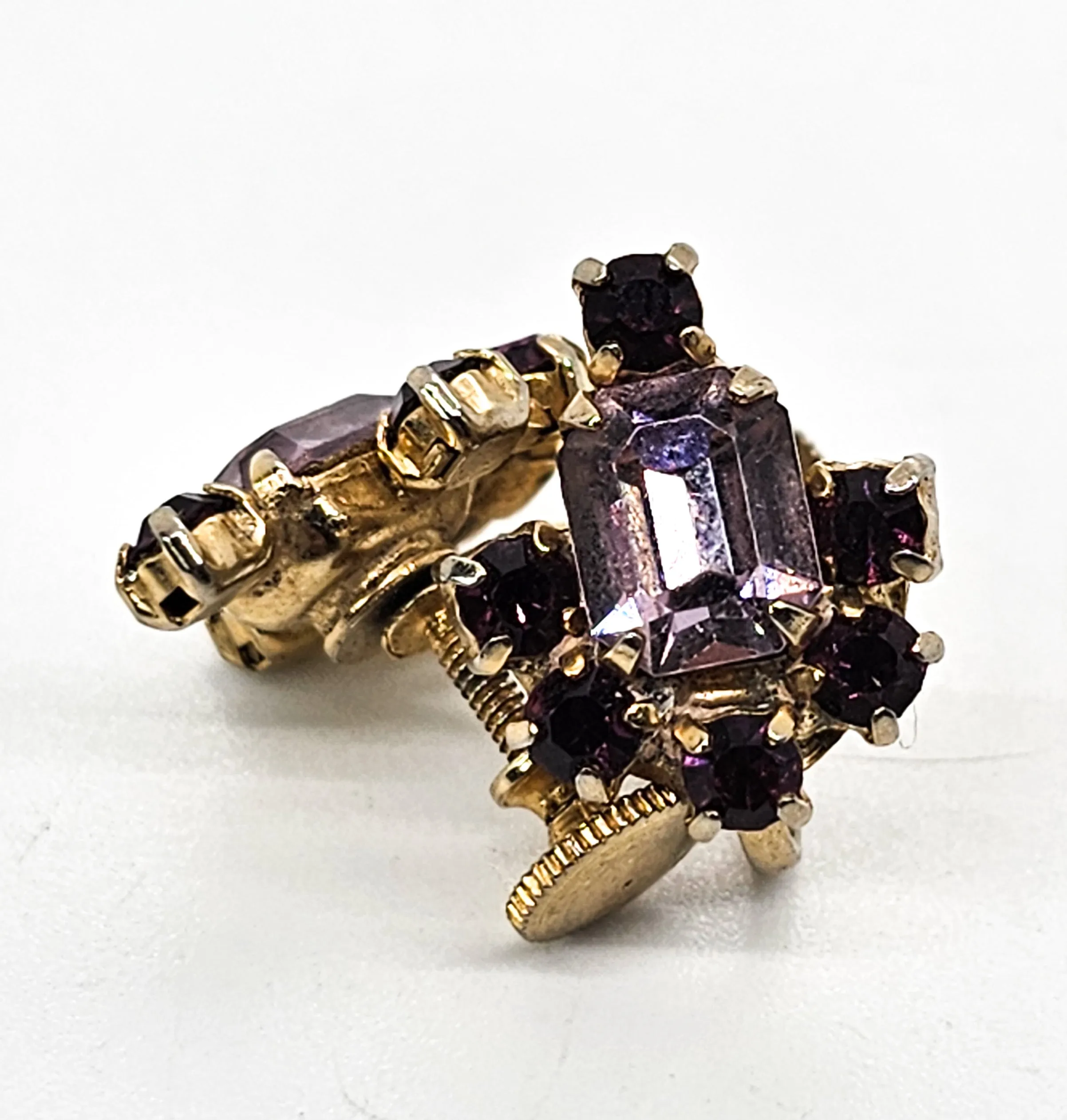 Double purple Royal and Lilac gold toned vintage screw back earrings mid century