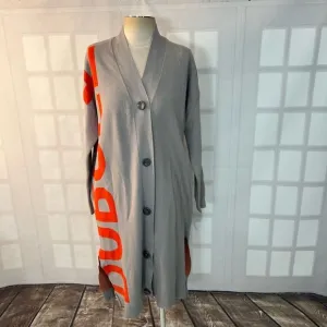 Dubgee by Whoopi Gray Orange Goldberg Long Logo Cardigan Size Medium