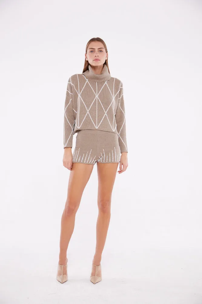 Embellished High Neck Sweater in Taupe