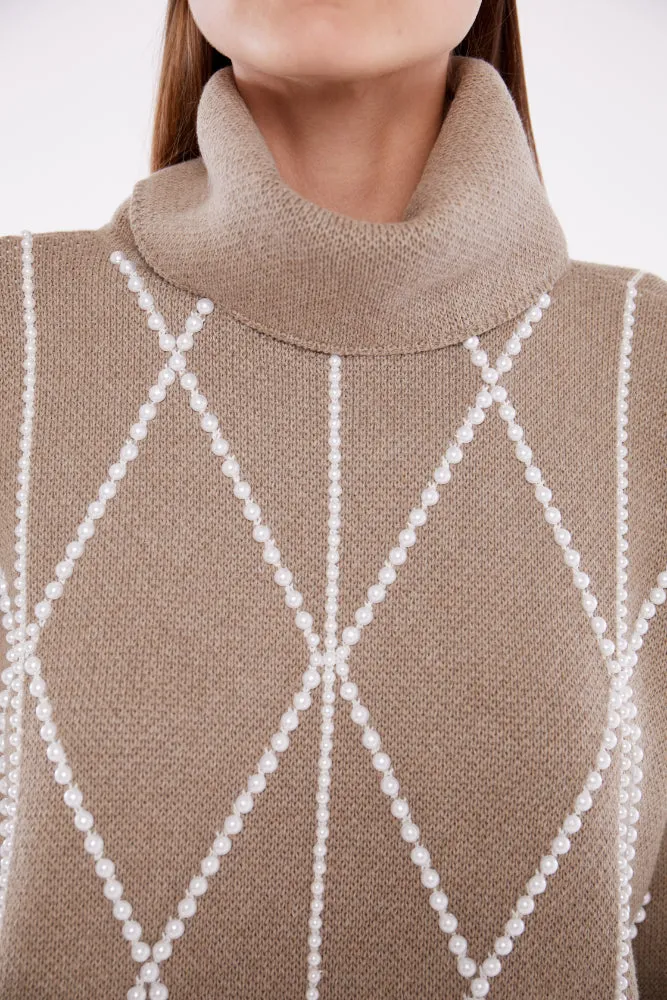 Embellished High Neck Sweater in Taupe