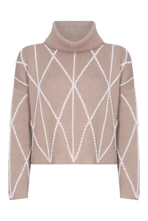 Embellished High Neck Sweater in Taupe