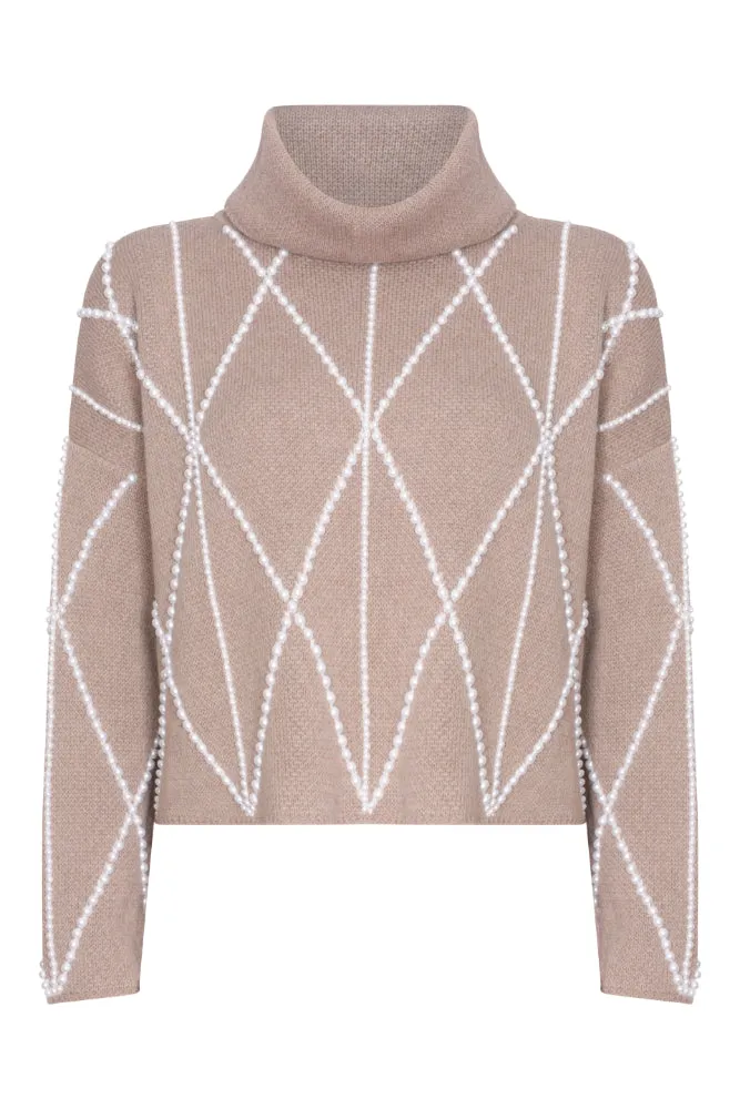 Embellished High Neck Sweater in Taupe