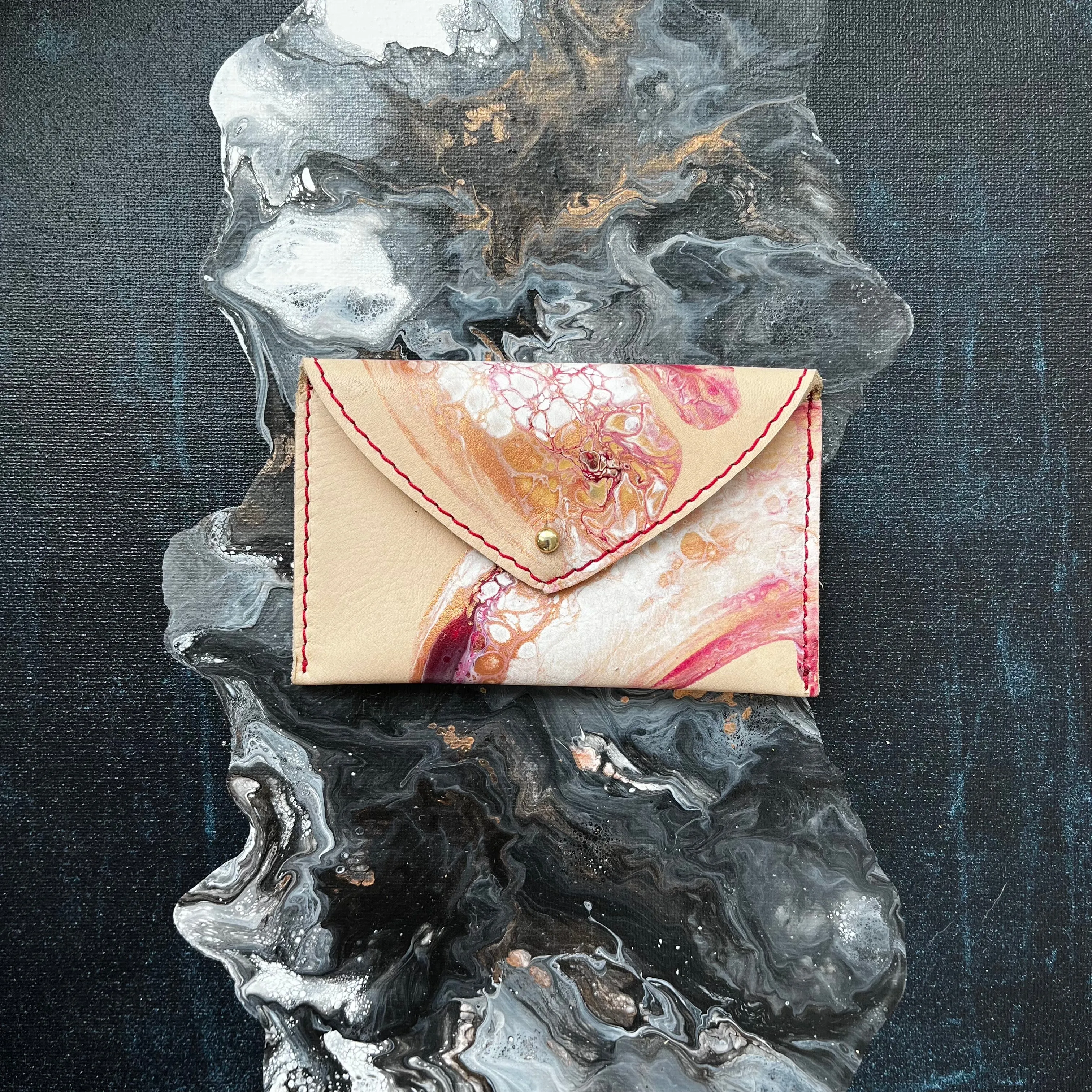 Envelope Wallet Leather  Deep Cranberry White, Gold Swirl