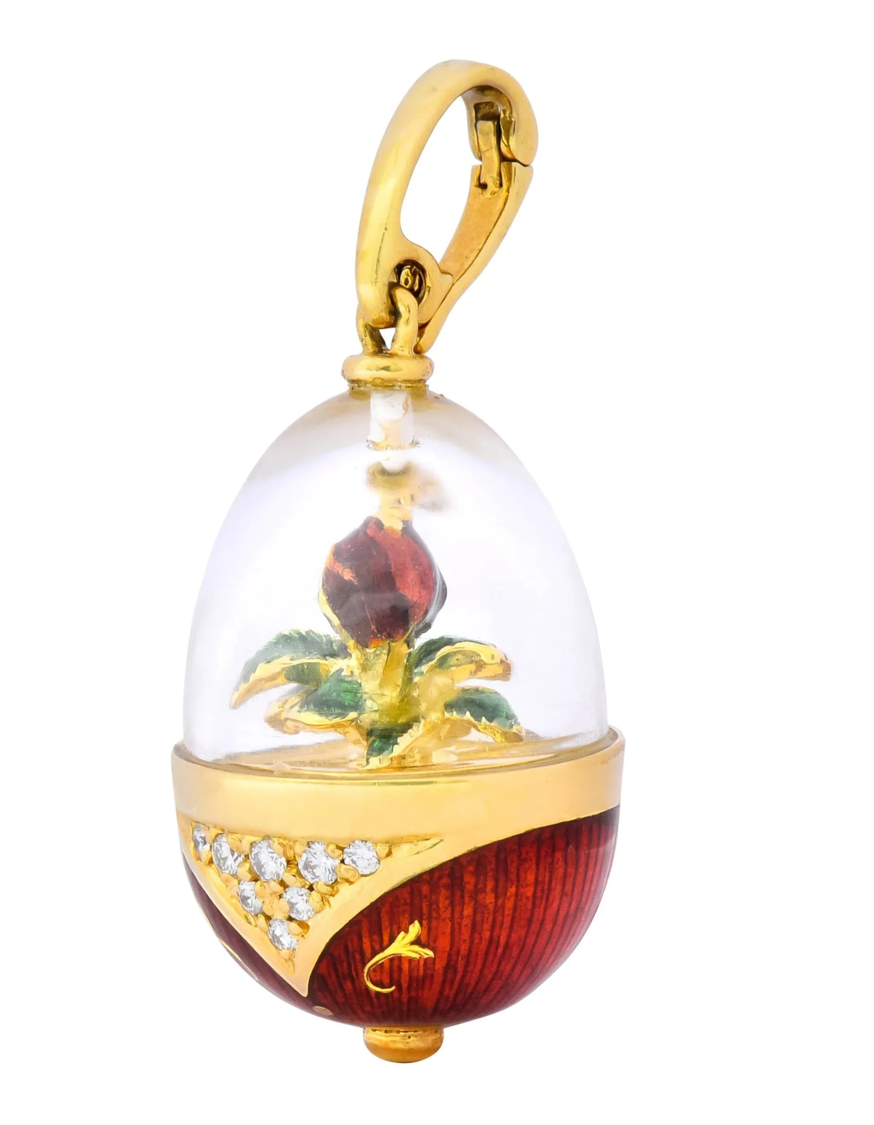 Faberge Enamel Egg Diamond 18 Karat Gold German Rose Flower Pendant