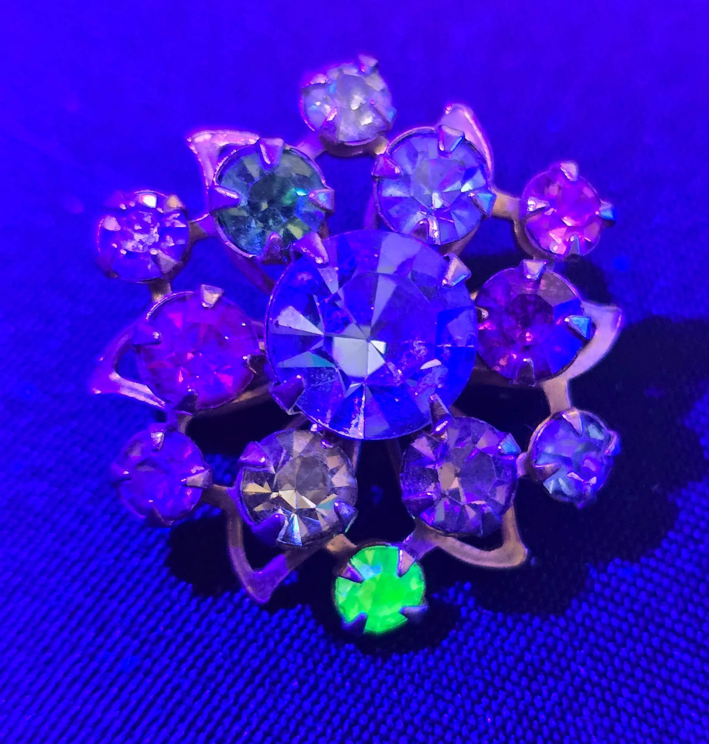 Fruit Salad Rainbow starburst vintage uranium glass rhinestone brooch