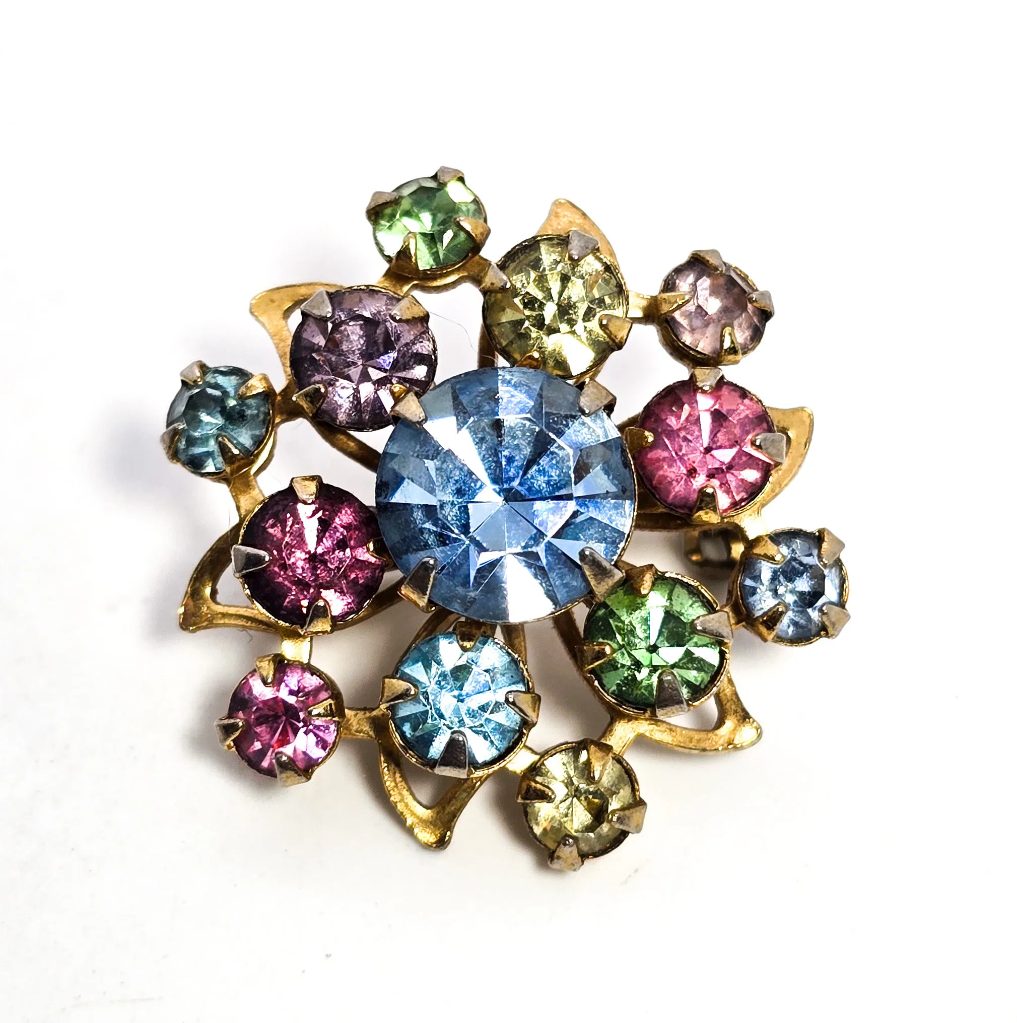 Fruit Salad Rainbow starburst vintage uranium glass rhinestone brooch