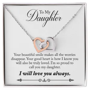 Gift For Daughter - Your Smile -  Interlocking Hearts Necklace Message Card - Gift For Birthday, Christmas From Dad, Mom