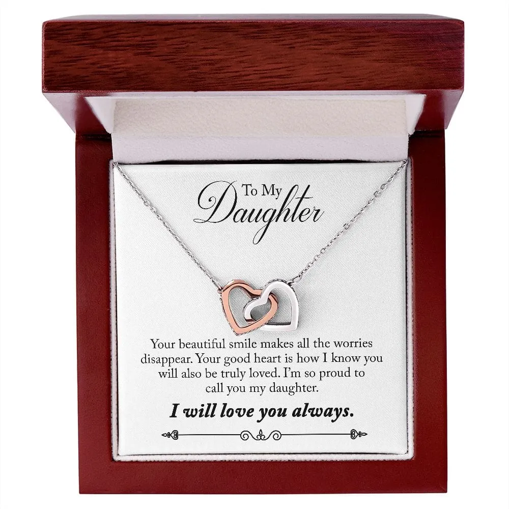 Gift For Daughter - Your Smile -  Interlocking Hearts Necklace Message Card - Gift For Birthday, Christmas From Dad, Mom