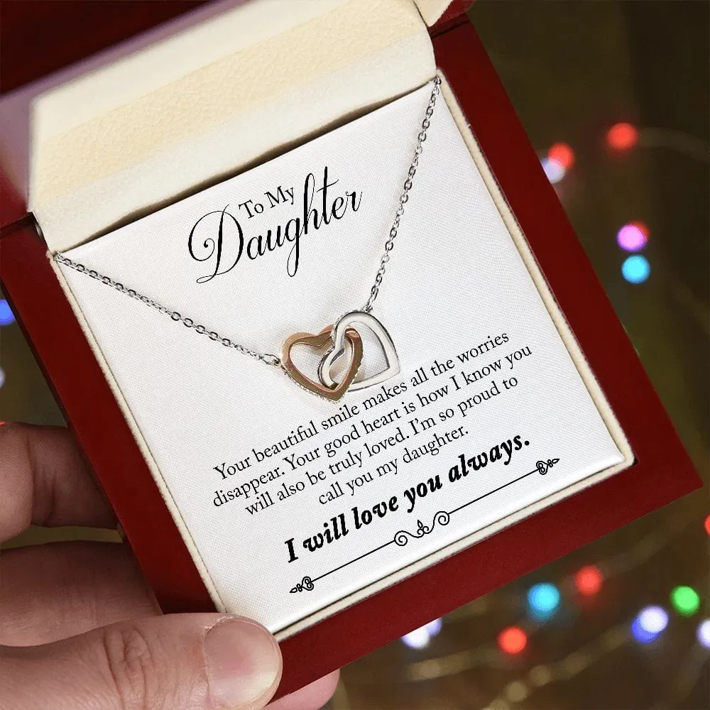 Gift For Daughter - Your Smile -  Interlocking Hearts Necklace Message Card - Gift For Birthday, Christmas From Dad, Mom
