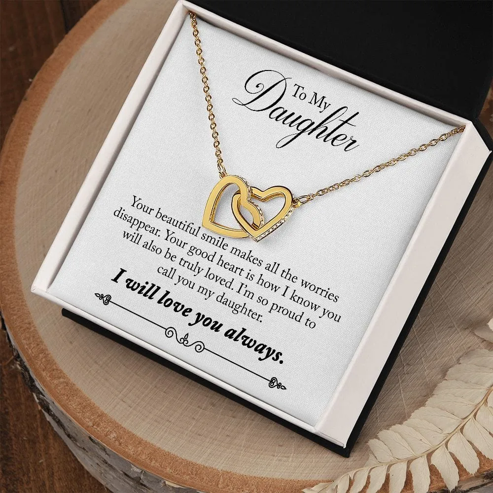 Gift For Daughter - Your Smile -  Interlocking Hearts Necklace Message Card - Gift For Birthday, Christmas From Dad, Mom