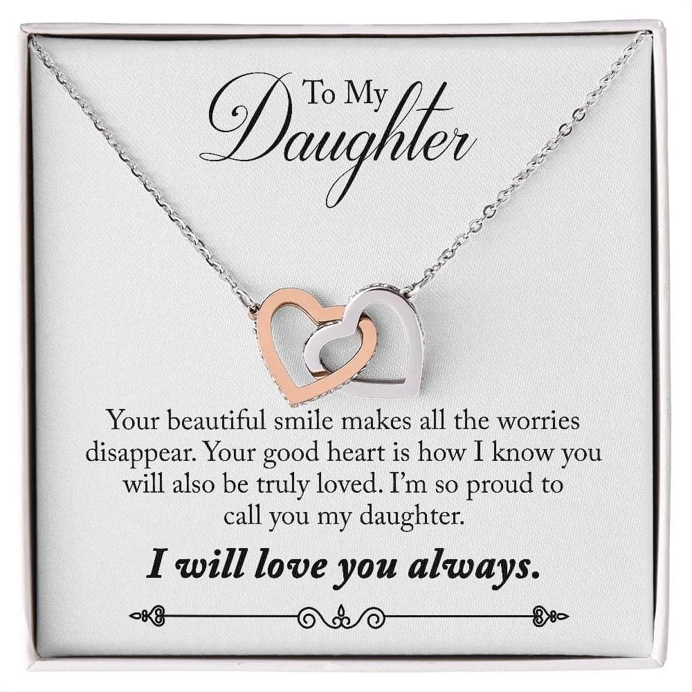 Gift For Daughter - Your Smile -  Interlocking Hearts Necklace Message Card - Gift For Birthday, Christmas From Dad, Mom