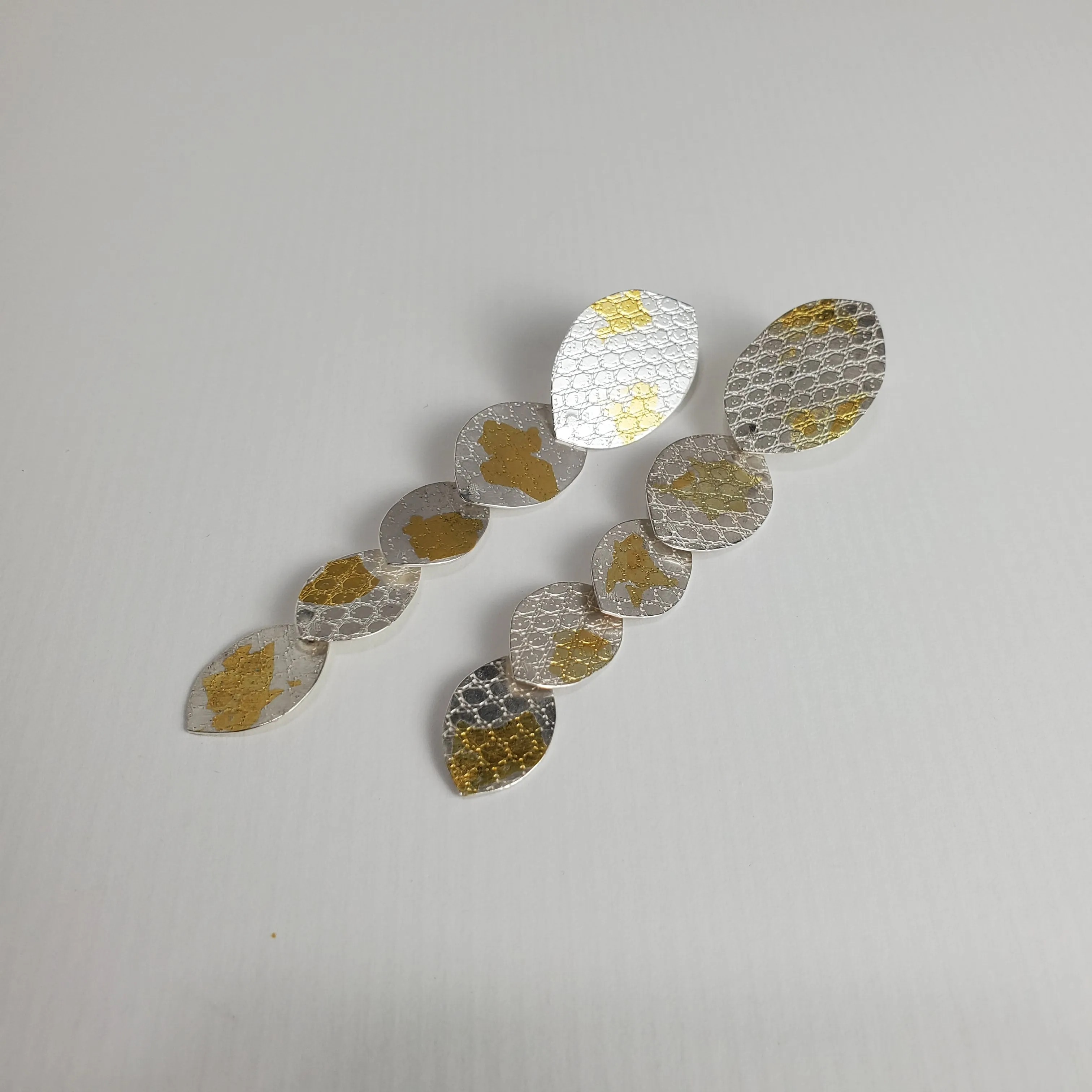 Gold and Silver Snake Statement Earrings, Keum Boo  Shoulder Duster Earrings, Gold on Silver Long Earrings