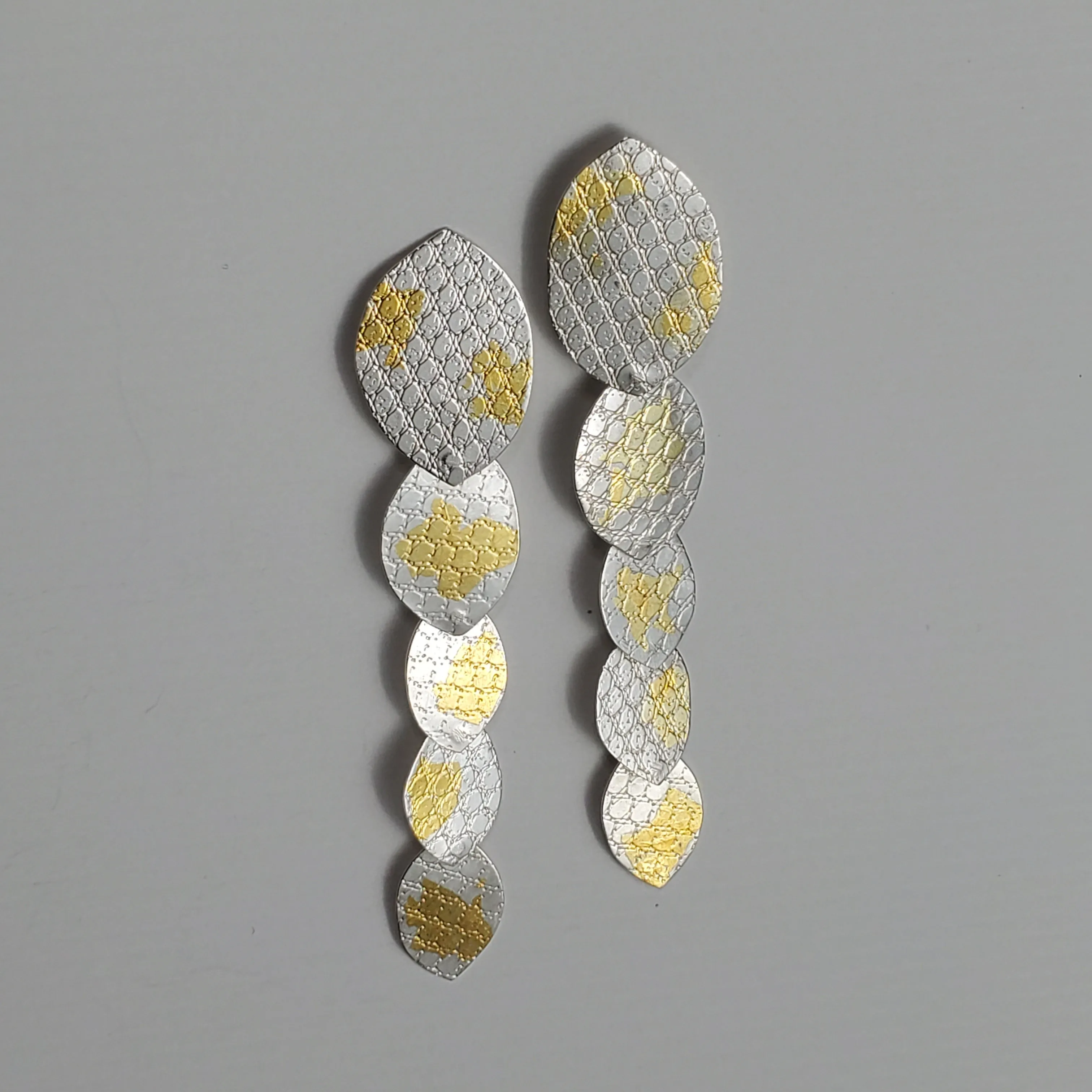 Gold and Silver Snake Statement Earrings, Keum Boo  Shoulder Duster Earrings, Gold on Silver Long Earrings