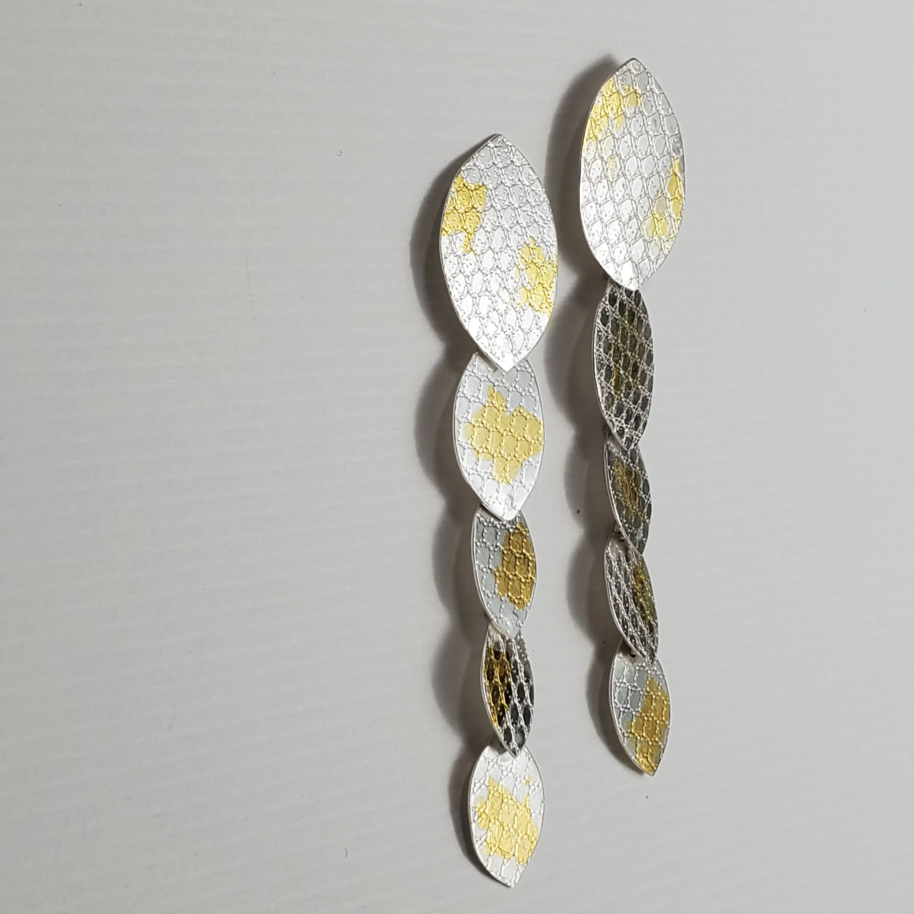 Gold and Silver Snake Statement Earrings, Keum Boo  Shoulder Duster Earrings, Gold on Silver Long Earrings
