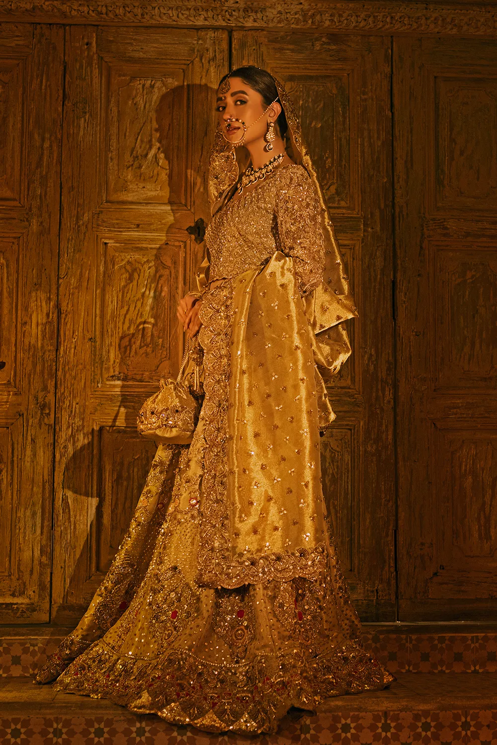 Gold Bridal Lehenga Choli and Dupatta Dress for Wedding