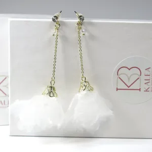 Gold Chain Fuzzy Floral Stud Earrings, White Chiffon Extra Light Bridal Earrings, Wedding Flower Flowy Earrings for Bride