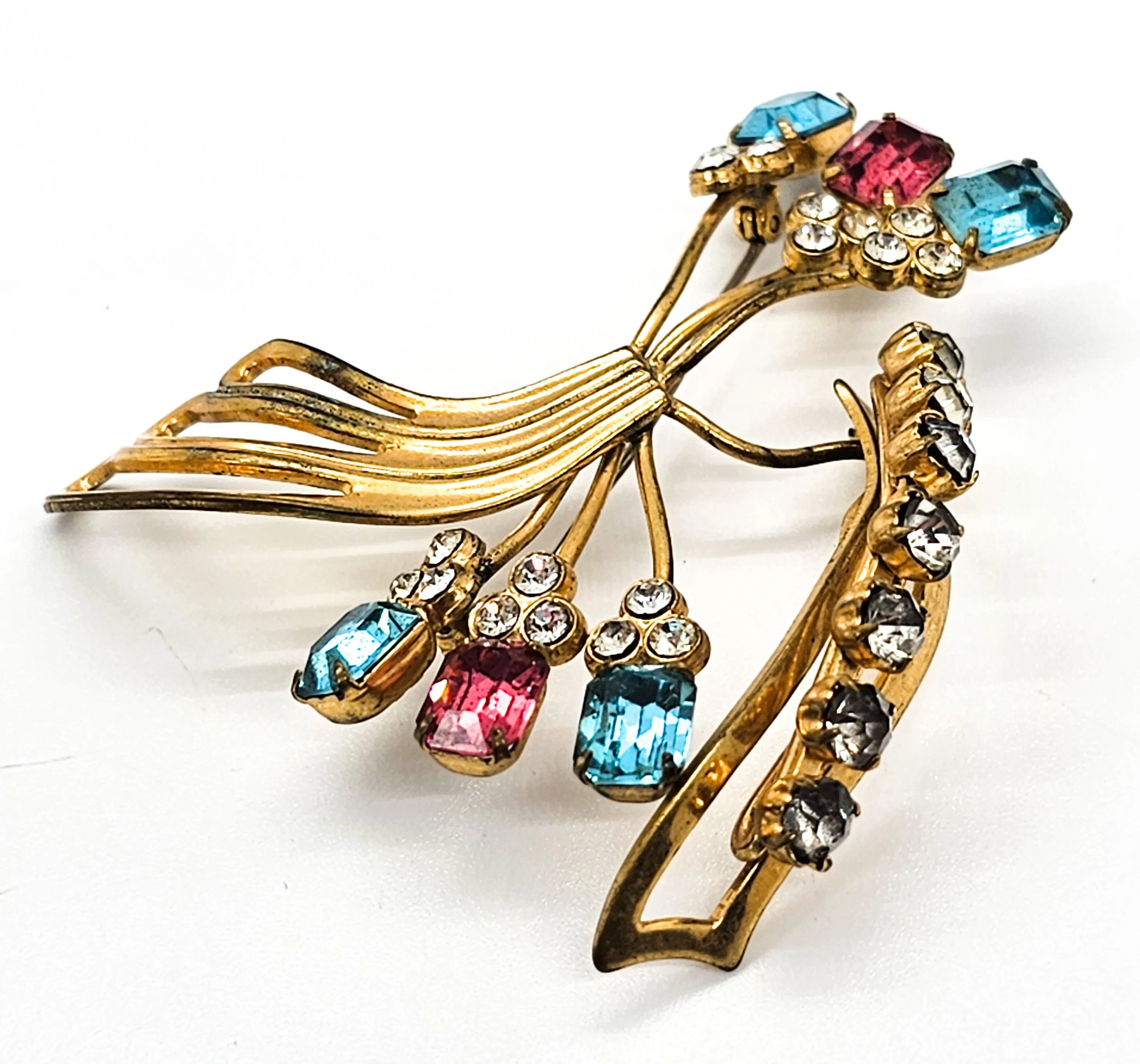 Gold filled pink and aqua blue vintage rhinestone spray brooch