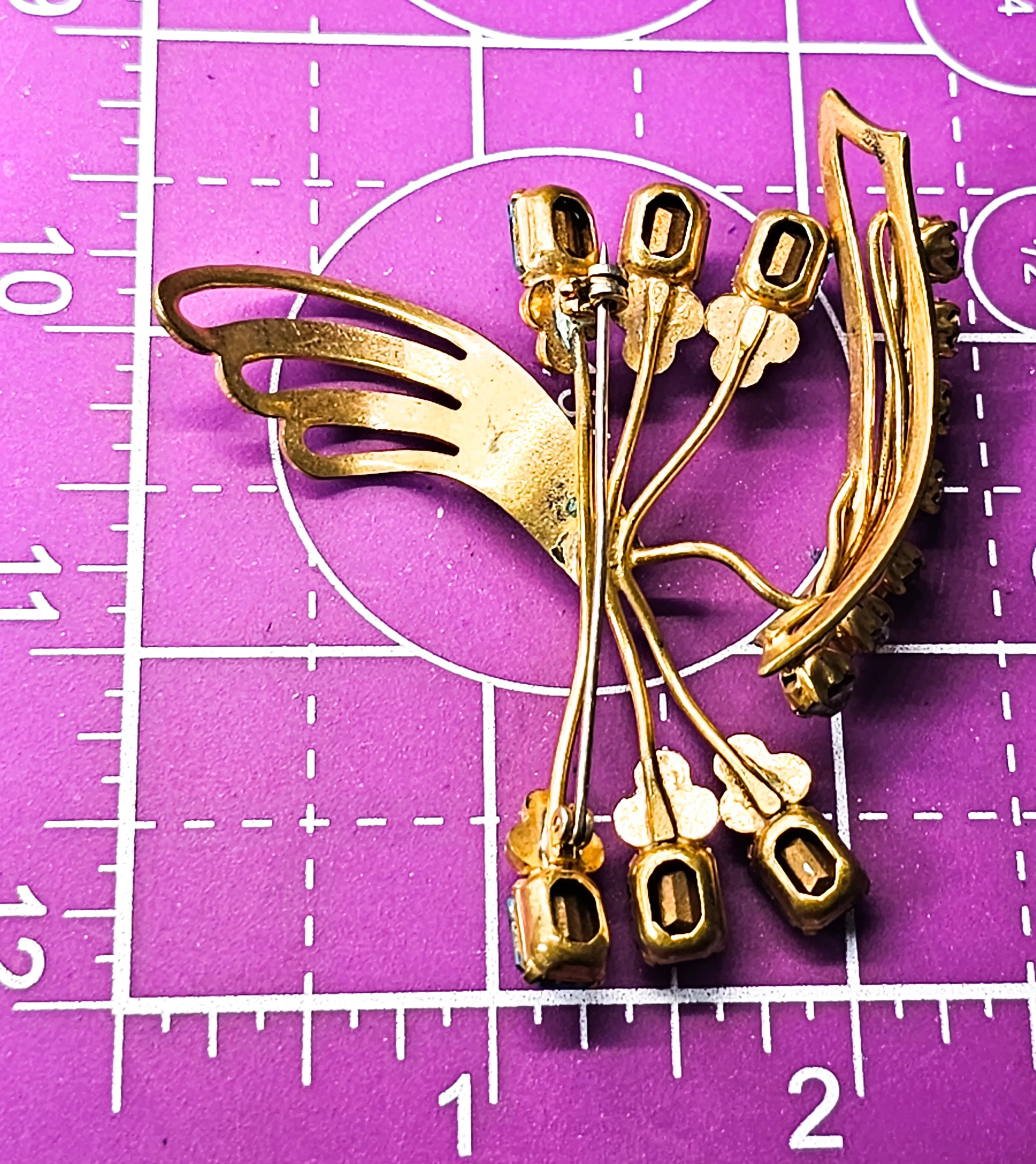 Gold filled pink and aqua blue vintage rhinestone spray brooch