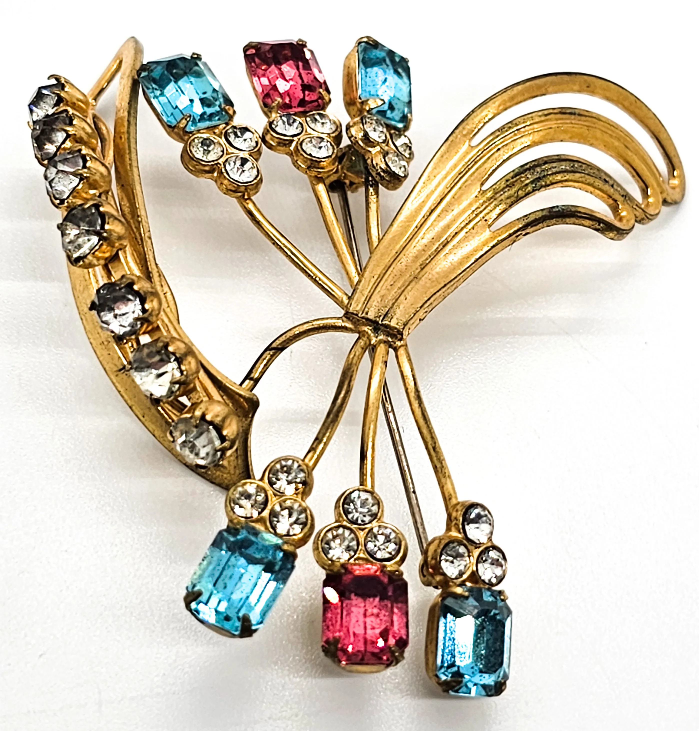 Gold filled pink and aqua blue vintage rhinestone spray brooch