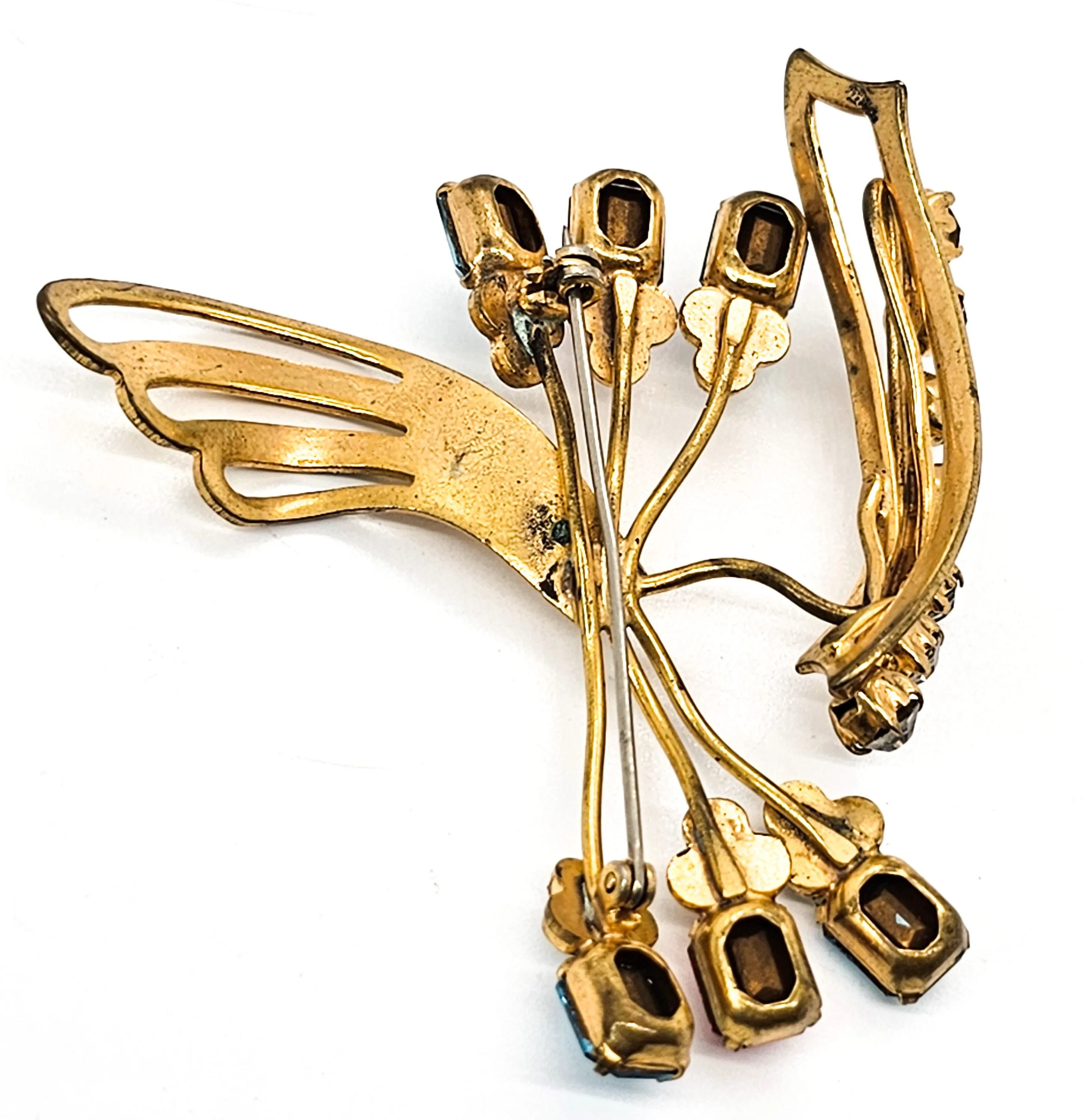 Gold filled pink and aqua blue vintage rhinestone spray brooch