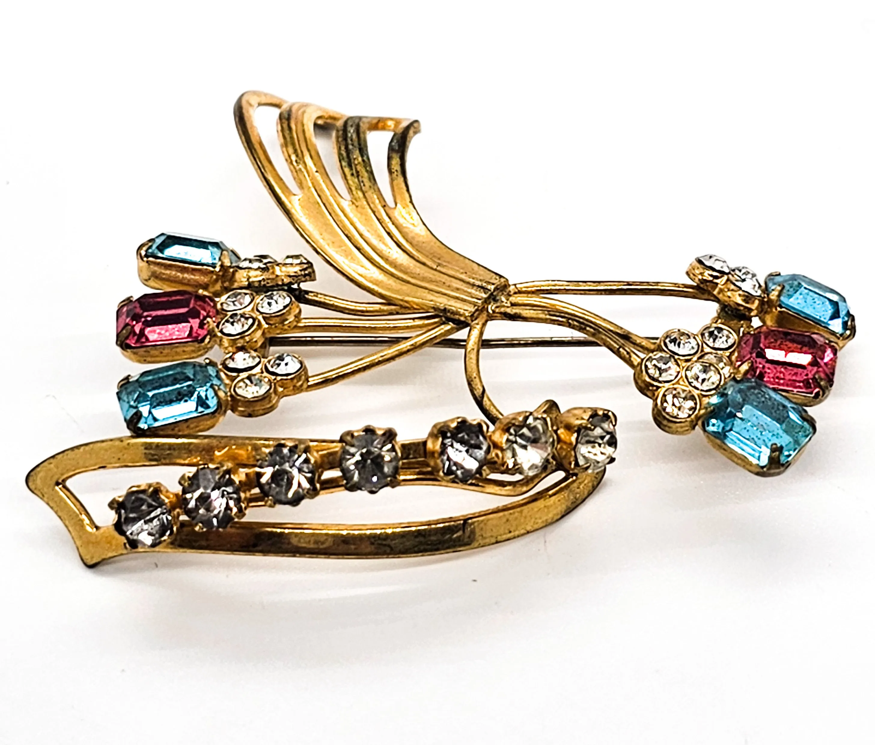 Gold filled pink and aqua blue vintage rhinestone spray brooch