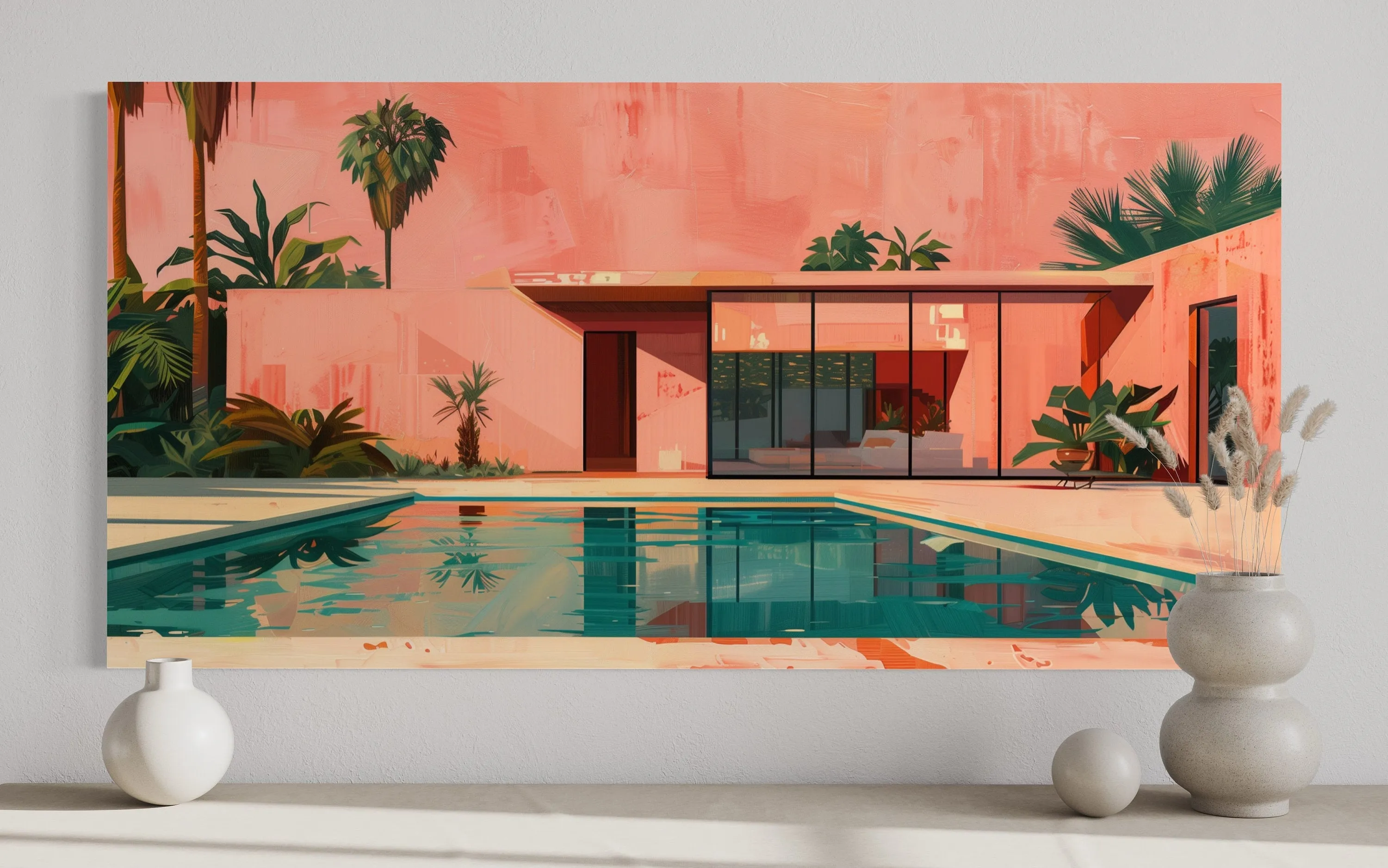 Green And Pink Mid Century Modern House And Pool Architecture Wall Art