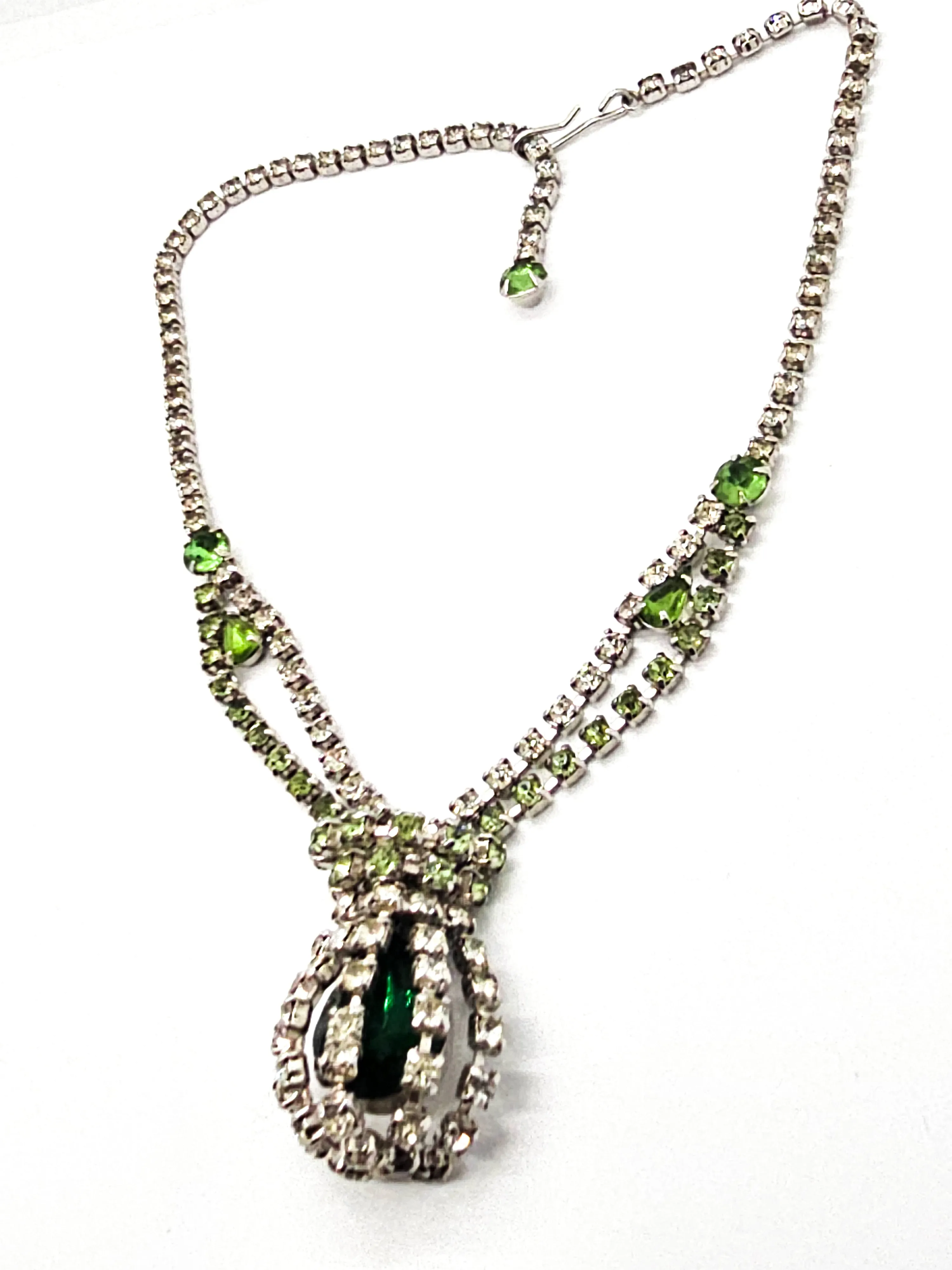 Green caged pendant vintage rhinestone holiday statement necklace