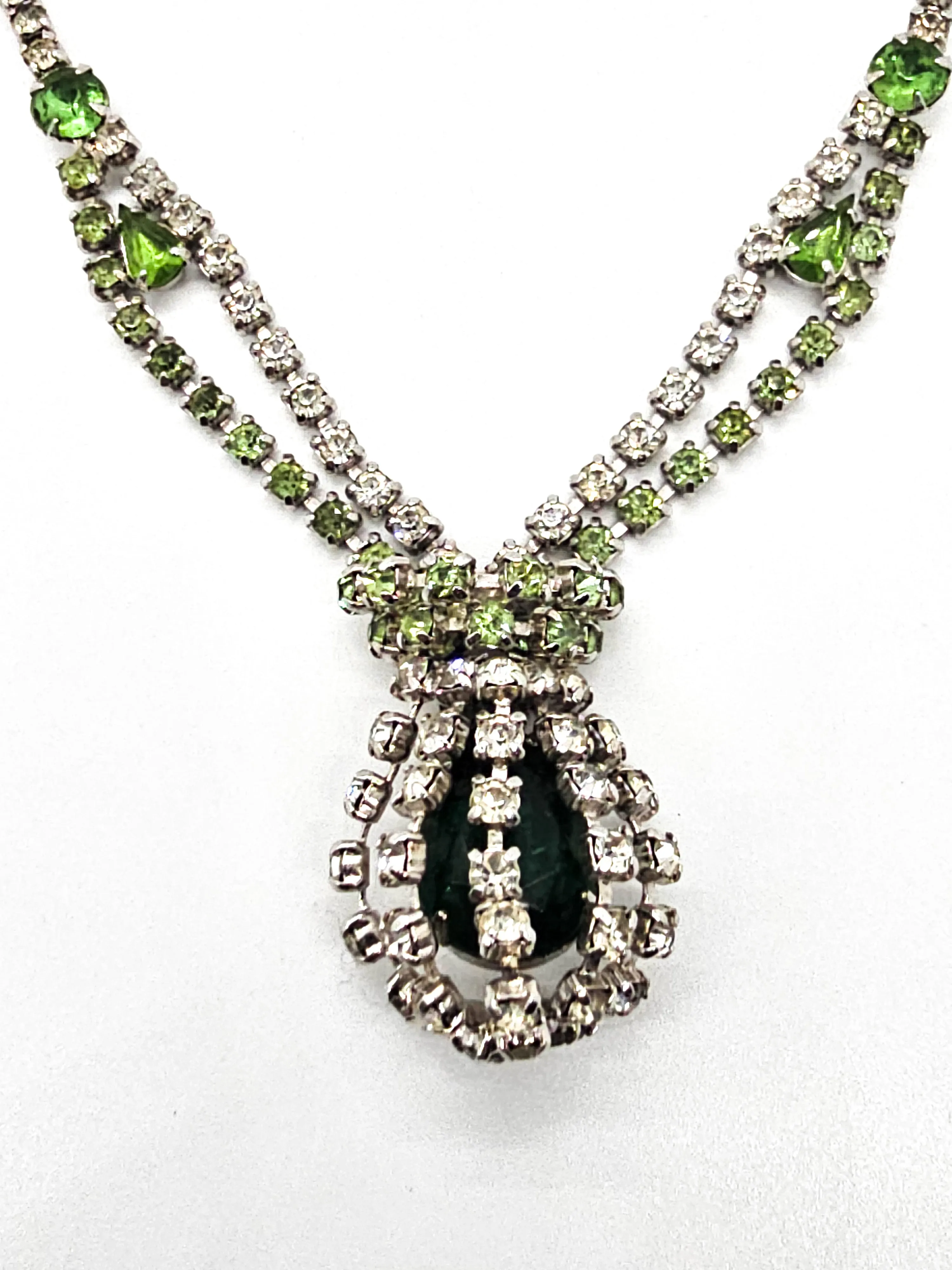 Green caged pendant vintage rhinestone holiday statement necklace