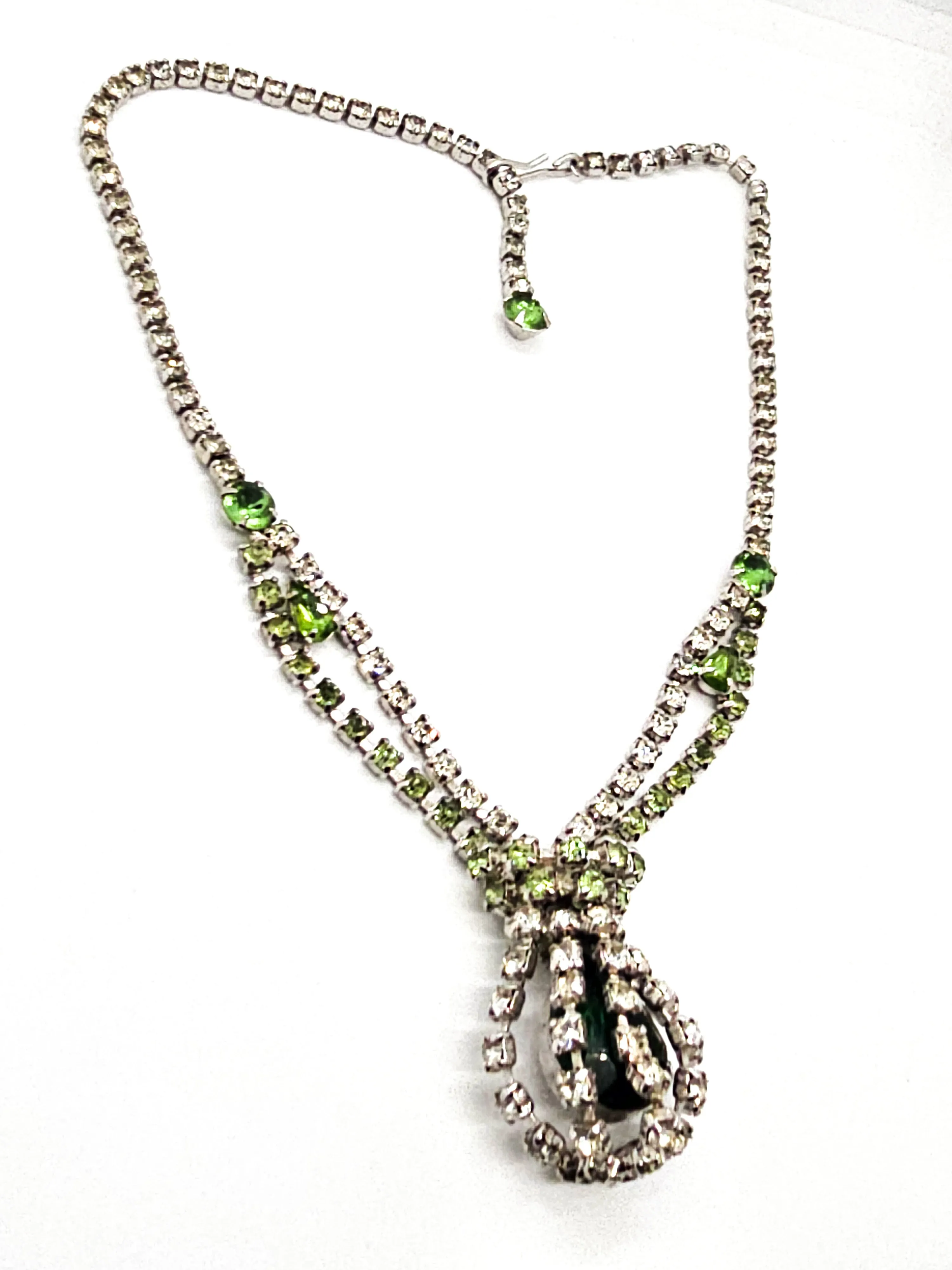Green caged pendant vintage rhinestone holiday statement necklace