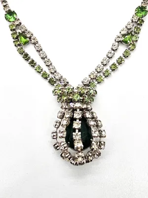Green caged pendant vintage rhinestone holiday statement necklace