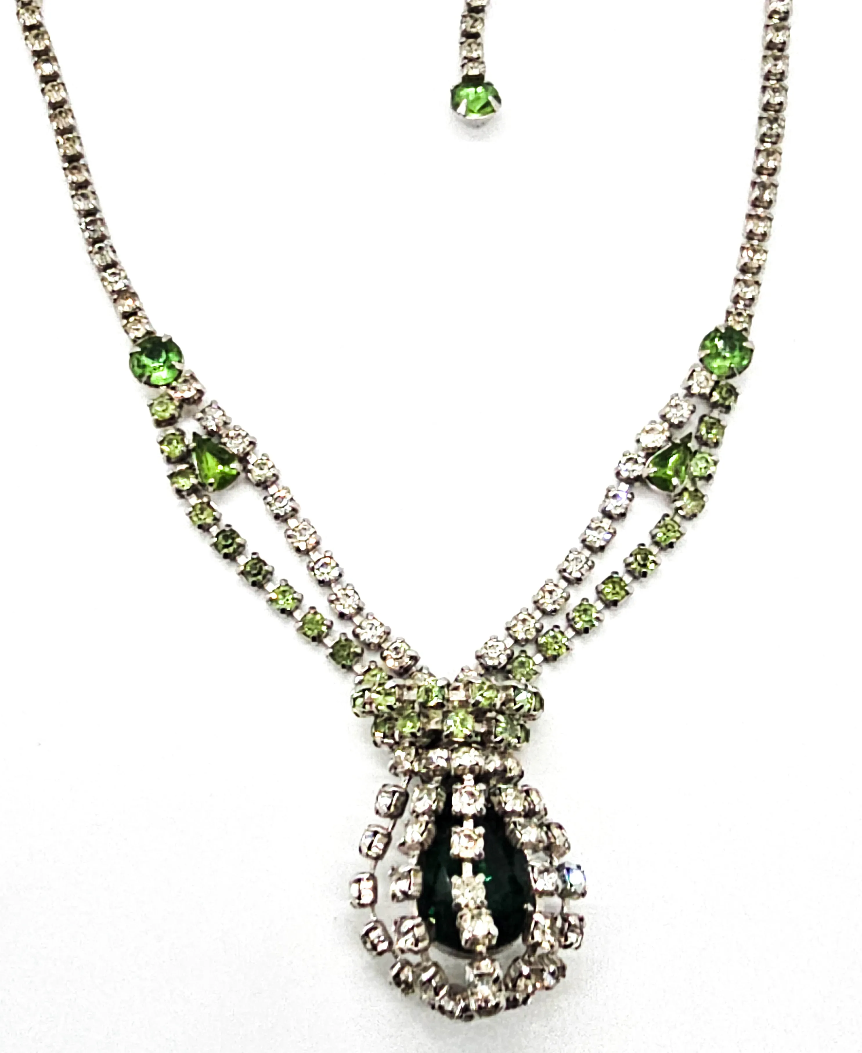Green caged pendant vintage rhinestone holiday statement necklace