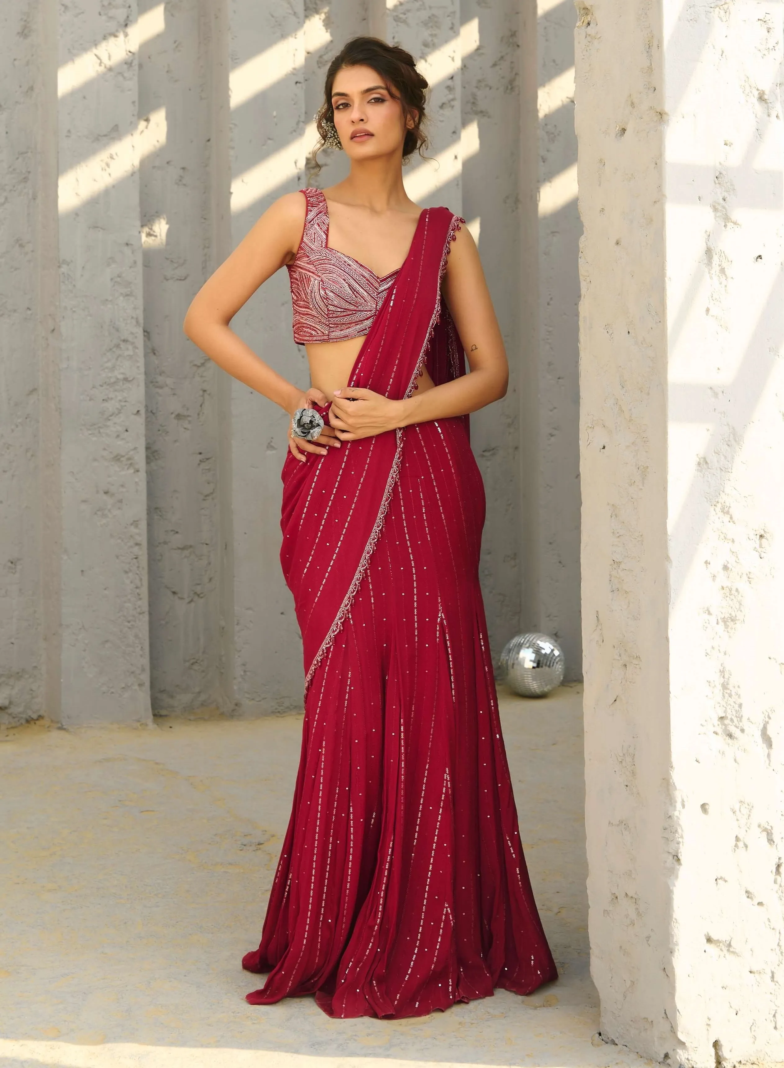 Halley red pre-draped sari and blouse