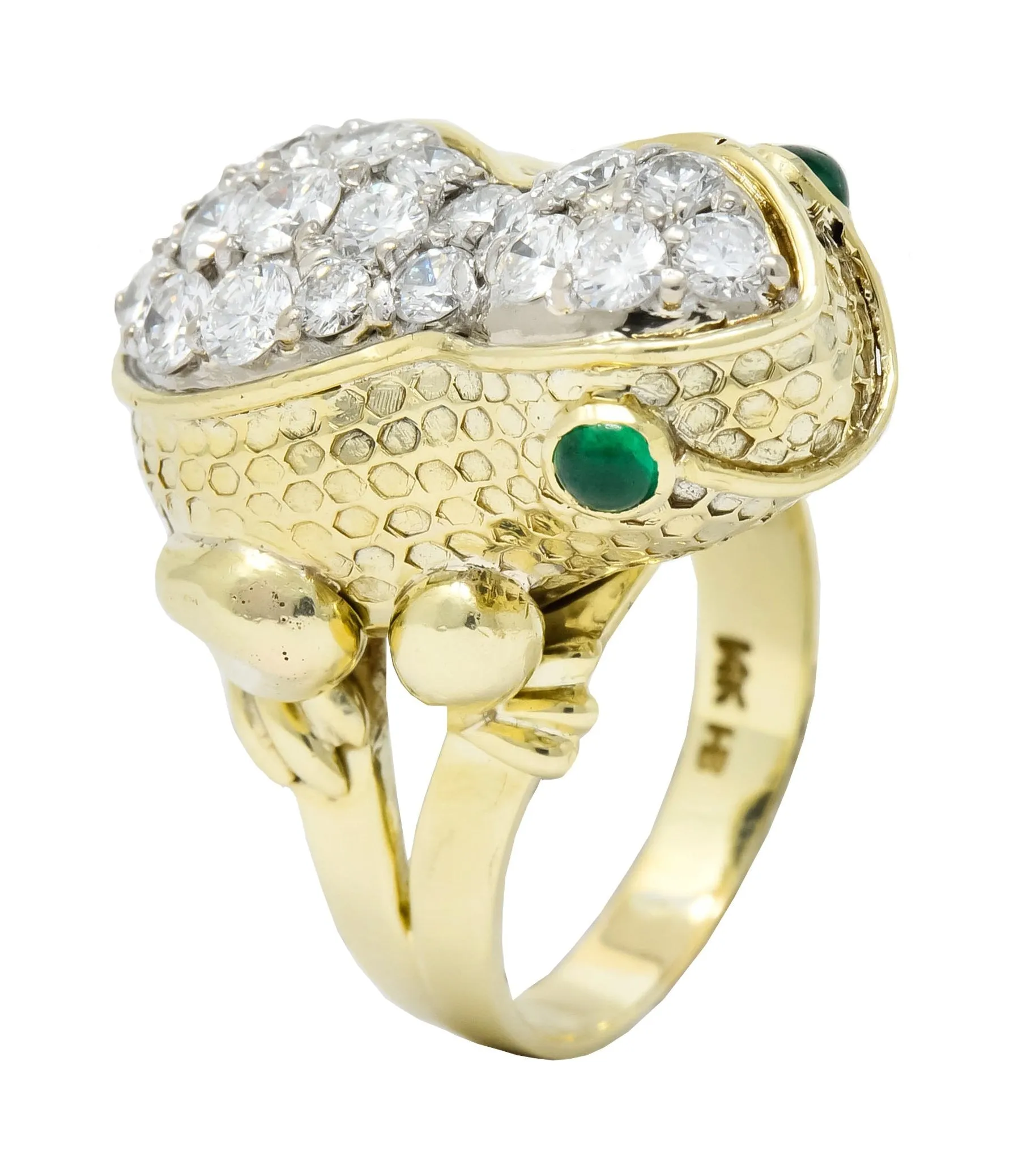 Hammerman Brothers 1970’s 2.75 CTW Diamond Emerald 14 Karat Gold Frog Ring